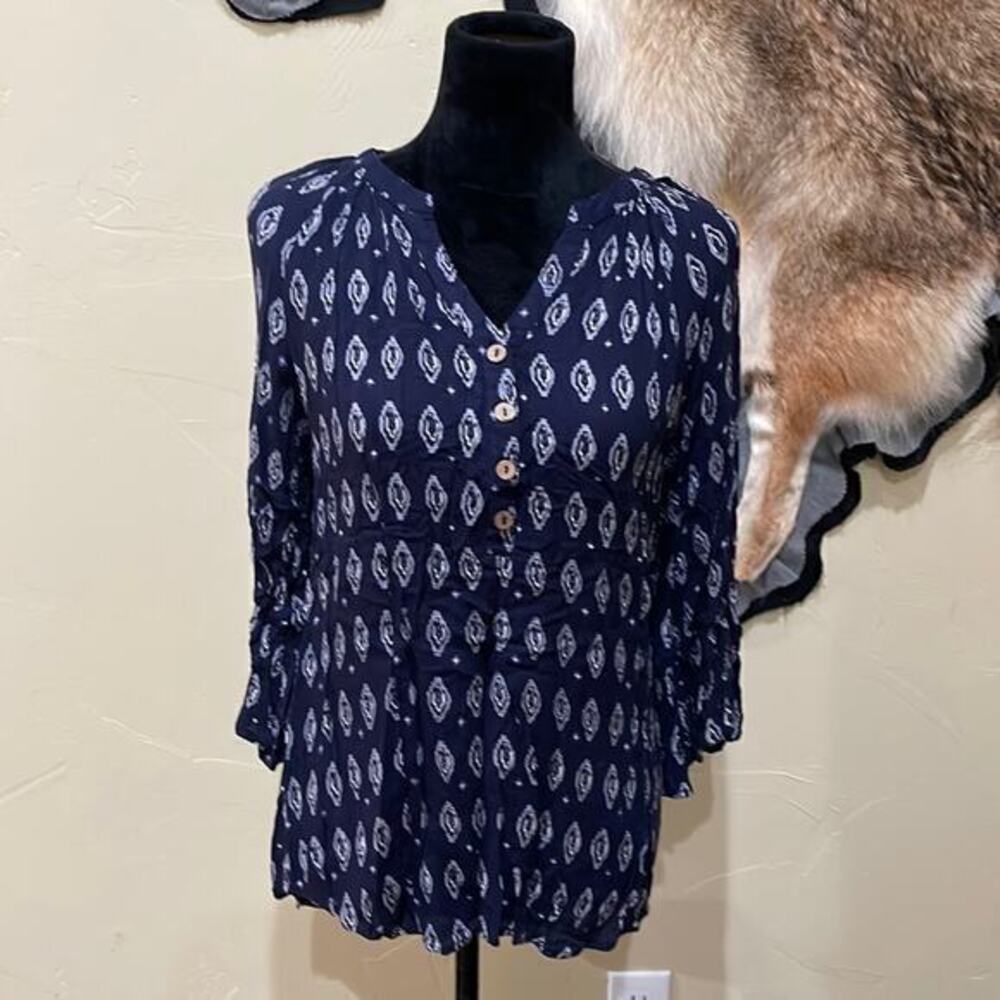 RAGA Gauzy Peasant Blouse Womens Large Blue White Casual Bohemian Lightweight‎